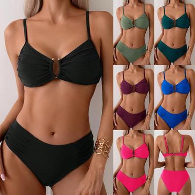 2025 Bikini mit Kreuzträgern, Hohl, einfarbig: Sexy Push-Up rückenfreier Badeanzug