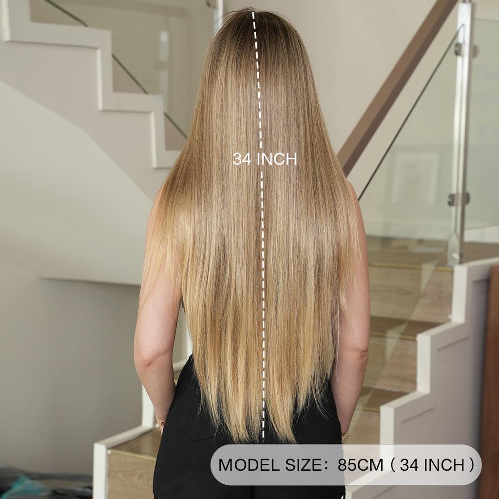 Women’s Extra Long Straight Blonde Wig Middle Part Nordic Ombre Color European and American Style Synthetic Full Wig