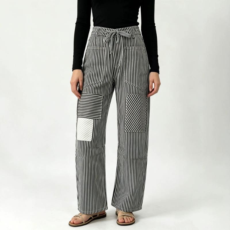 Mid Waist Loose Wide Leg Striped Jeans With Drawstring Pockets S чёрный