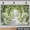 2D plane, vintage country-style wedding backdrop fabric, white flower clusters intertwined with green leaves
