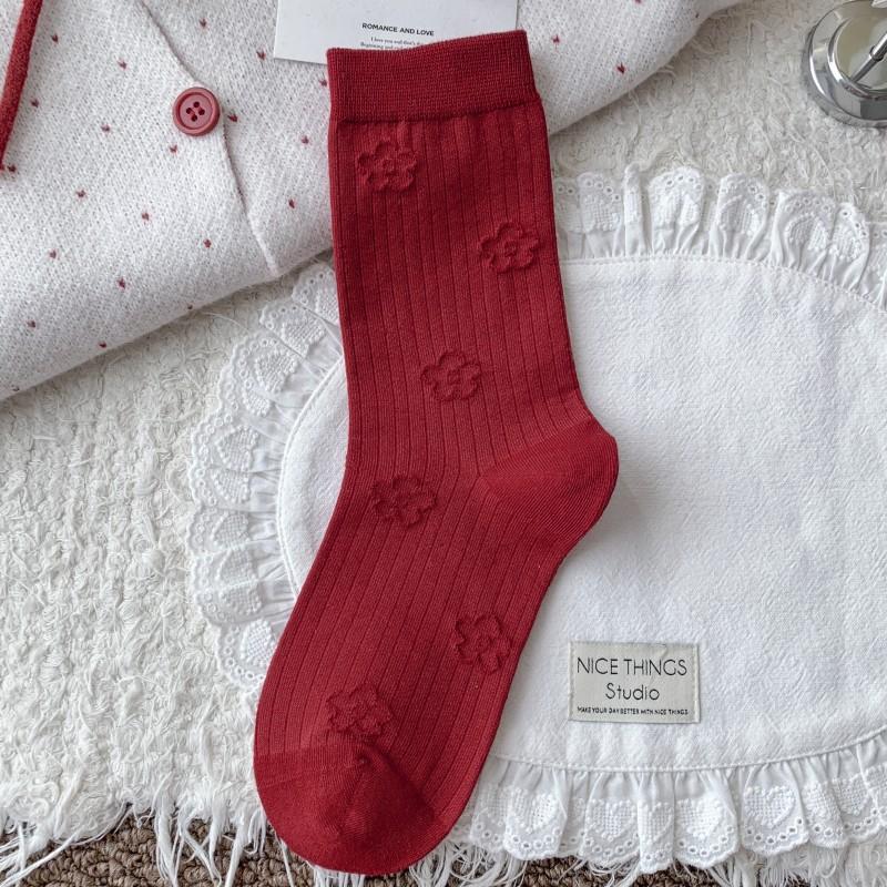 Big Red Socks Season Mid-Tube Cotton Socks Trend Dark Flower English Red Socks Wedding Red Socks