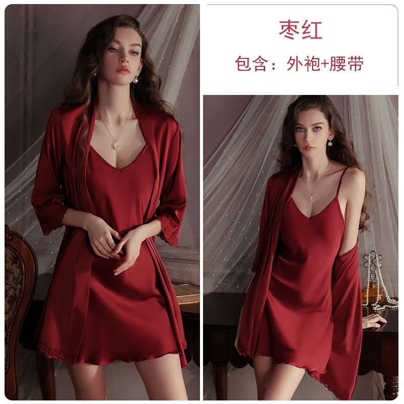 Sweet Smooth Satin Underwear Sexy Deep V Plus Chest Pad Pure Desire Nightdress Robe Loungewear Set