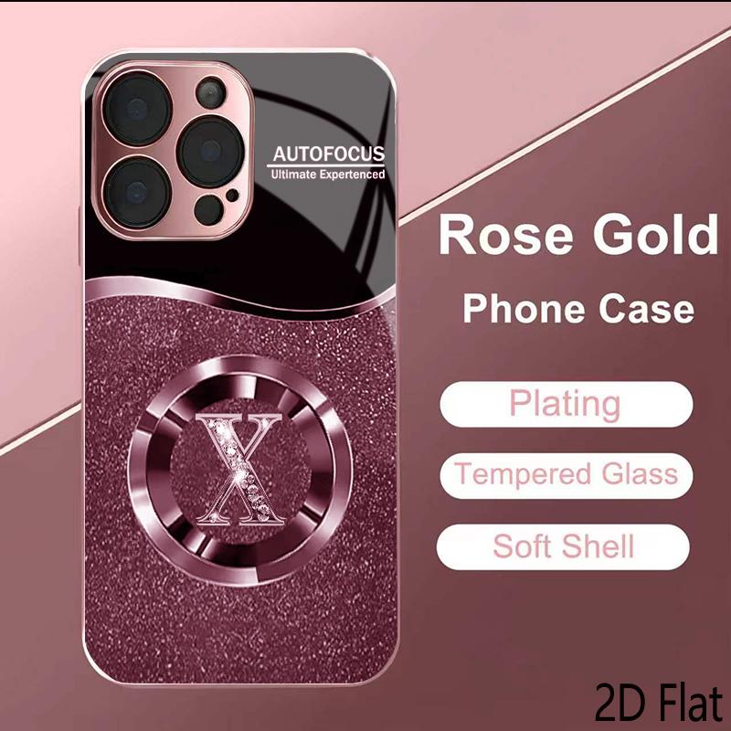 Gold Diamond X Ring 2DFlat For iPhone17 18 16 15 14 13 12 11 Pro Max XS XR 8 7Plus Phone Cover Shockproof Protective Back Cover