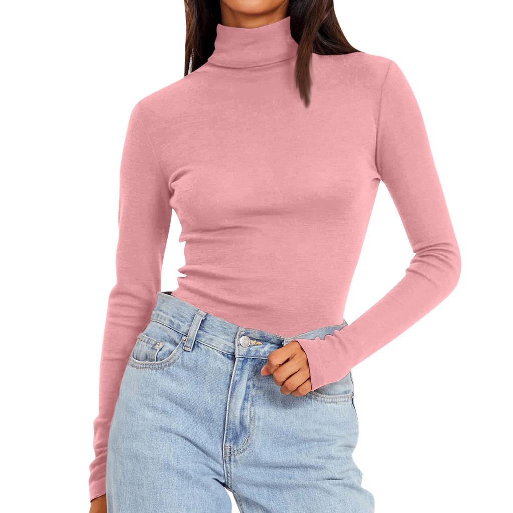 Women's Turtleneck Long Sleeve Shirts Solid Color Fall Fashion Basic Slim Fit Soft Thermal Tops