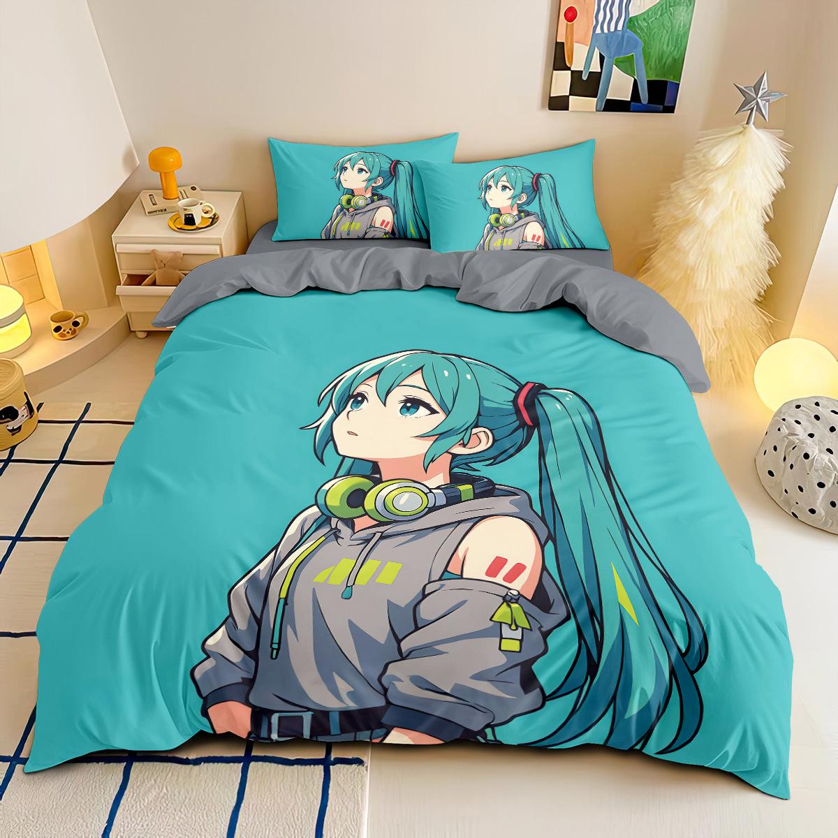 Ensemble de housse de couette Miku avec taies d'oreiller 50x75cm Plusieurs tailles Ensemble de literie Hatsune Miku manga japonais pour Adultes Enfants Adultes 135X200CM-2PCS