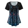 Womens V- Neck Floral Printed Tunic Tops Buttons Short Sleeve Loose Blouse