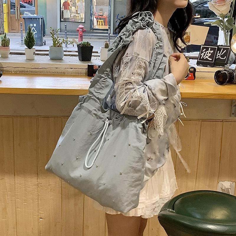 Small clear literary canvas bag women's summer 2025 new trendy Korean pleated tote bag versatile large capacity bag