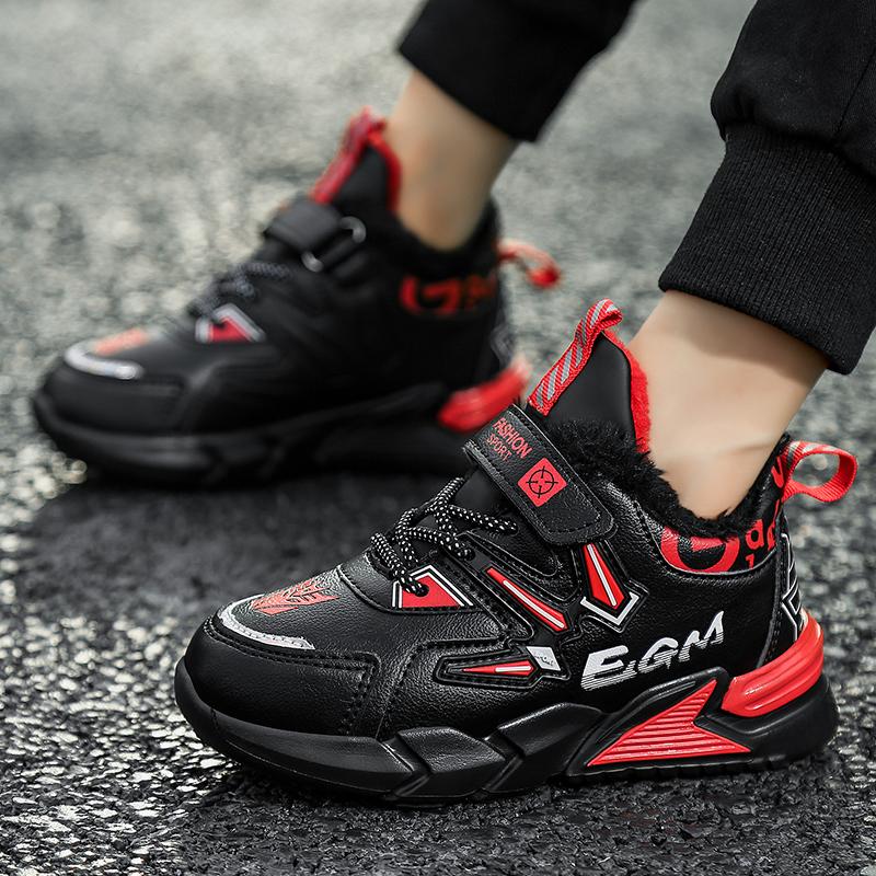 Fashion Children Winter Leather Cotton Shoes Boys Waterproof Warm Running Shoes Kids Outdoor Walking Casual Shoes Tennis Red Black