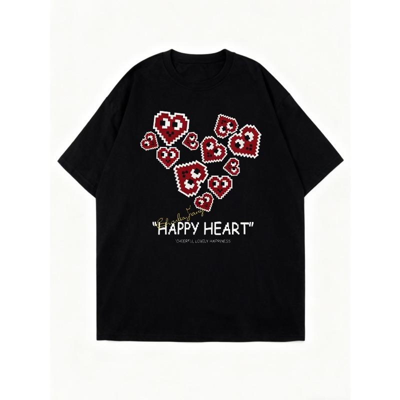 Oversized T Shirt Black Pixel Heart Pattern Happy Heart Text Print Casual Streetwear Fashion Women Summer Top