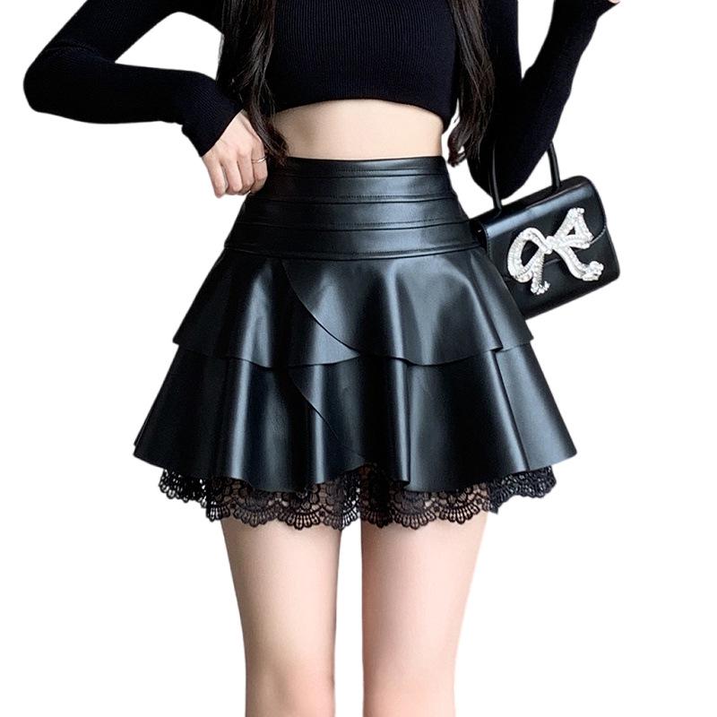 Trendy Layered PU Leather Mini Skirt - Women's High Waist Slimming A-line Skirt for Autumn/Winter 2026, New Korean Style.