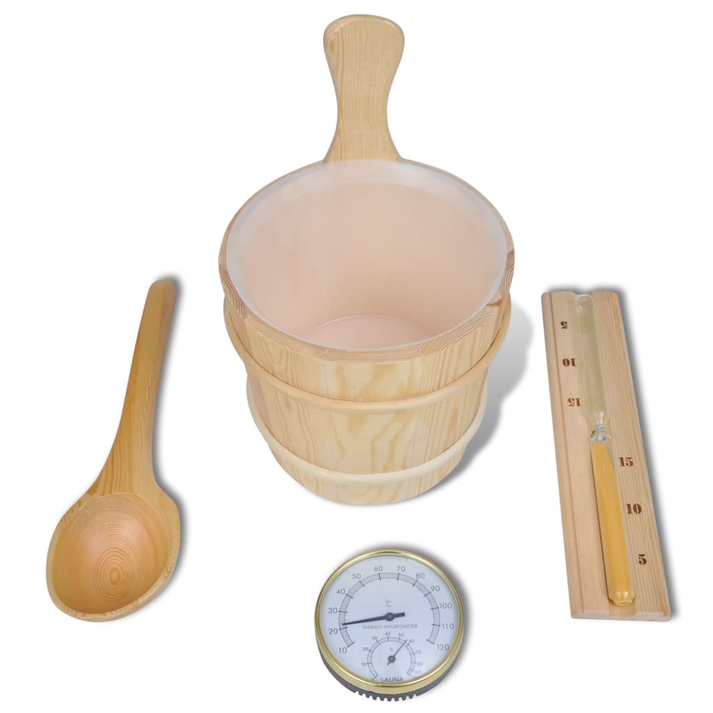 5-teiliges Sauna-Zubehör-Set mit Kübel, Schöpfkelle, Sanduhr und Thermo-Hygrometer