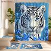 4Pcs White Siberian Tiger Shower Curtain Set with Non-Slip Bath Mat, Toilet Lid Cover, Contour Rug & 12 Hooks, Bathroom Decor