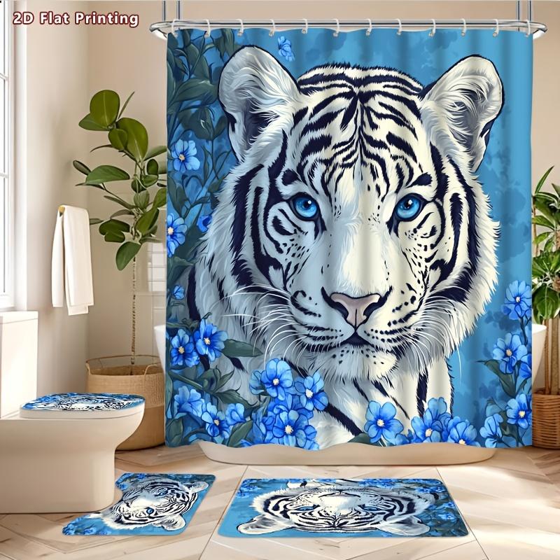 4Pcs White Siberian Tiger Shower Curtain Set with Non-Slip Bath Mat, Toilet Lid Cover, Contour Rug & 12 Hooks, Bathroom Decor