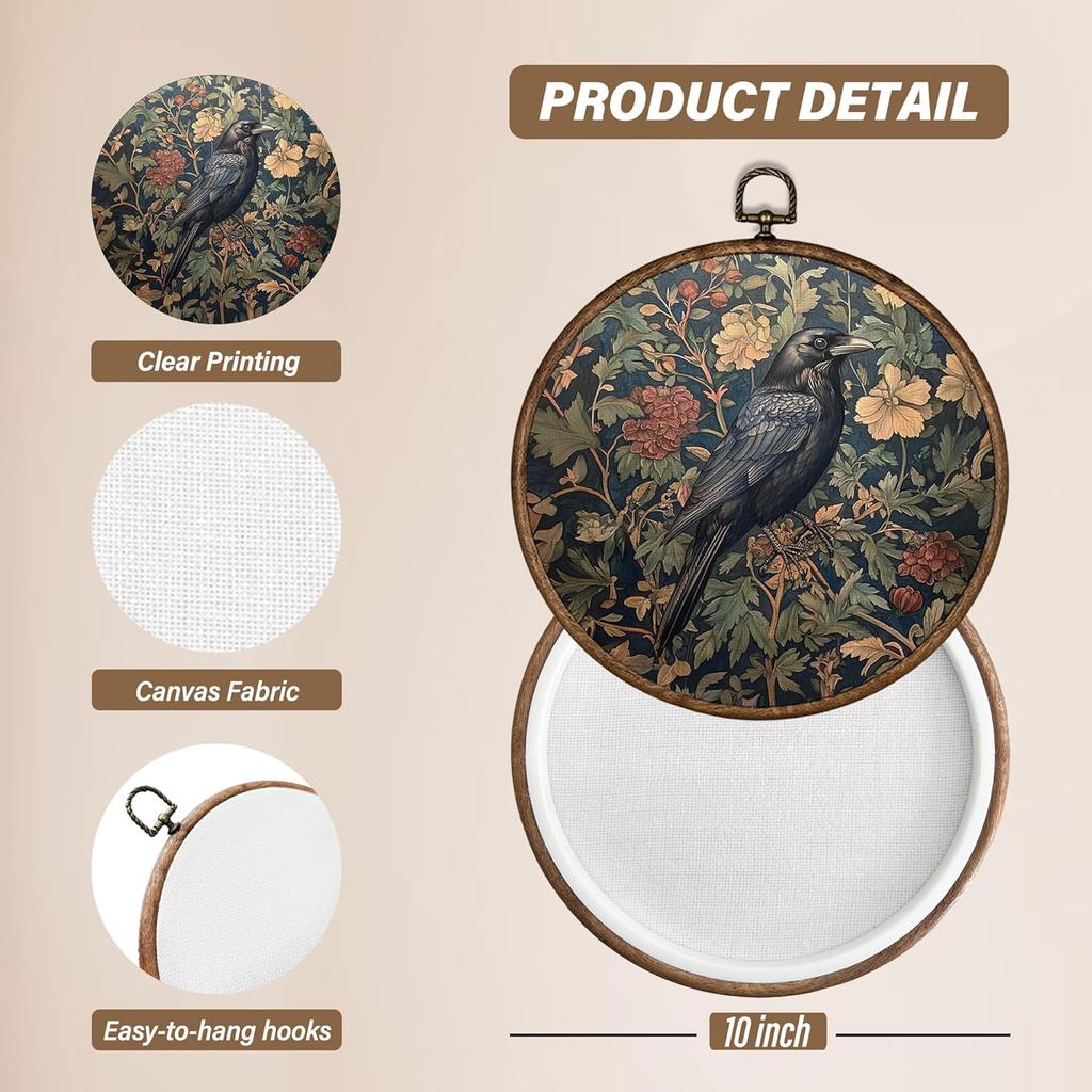 XBBMGG Vintage Moody Crow Wall Art Decor, Gothic Cottagecore William Morris Floral Round Wall Hanging Decor, Dark Academia Raven Framed Canvas Prints