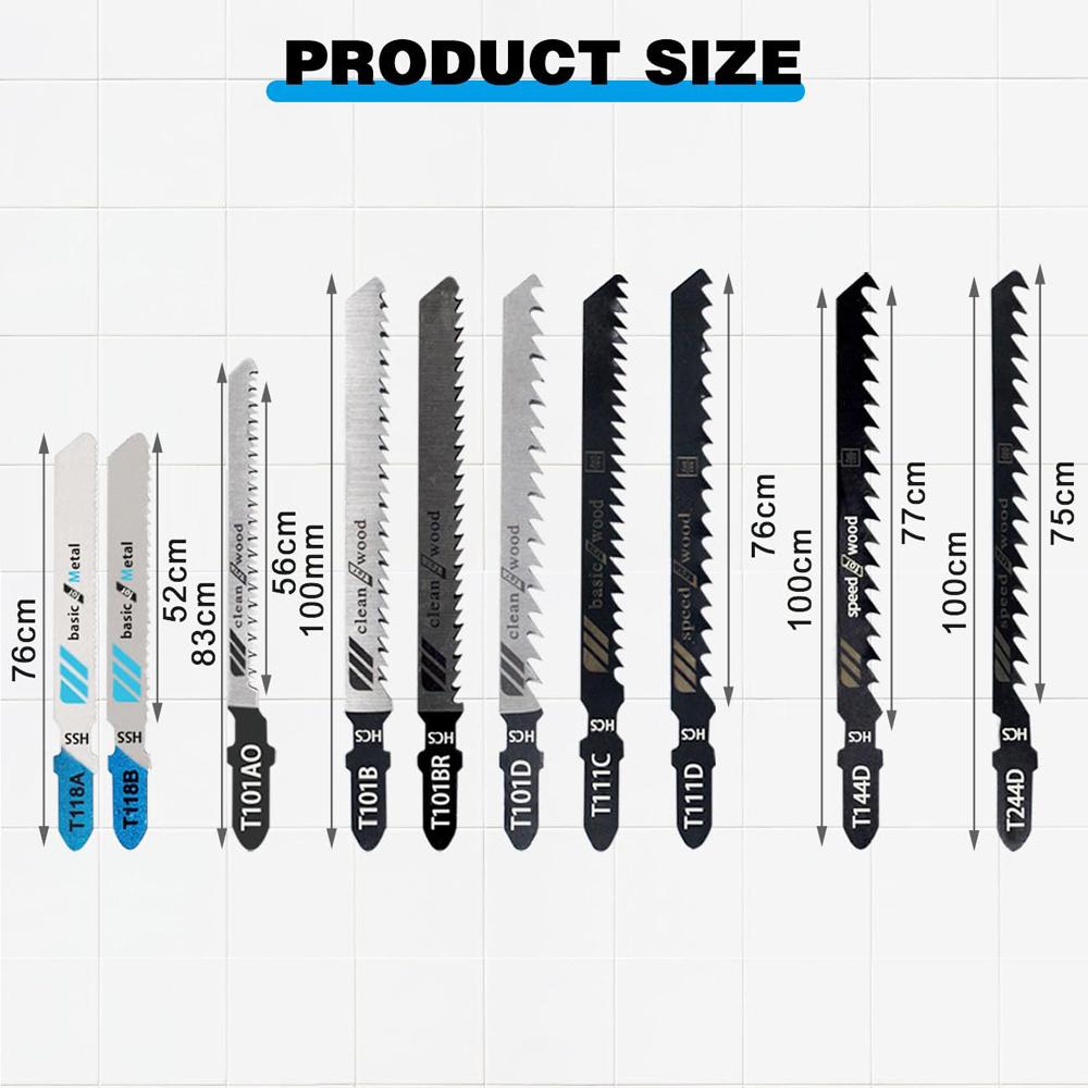 10Pcs  Multi-Purpose T-Shaft Jigsaw Blades HCS Assorted Jig Saw Blades High Speed Carbon Steel For Wood Plastic Metal Cutting