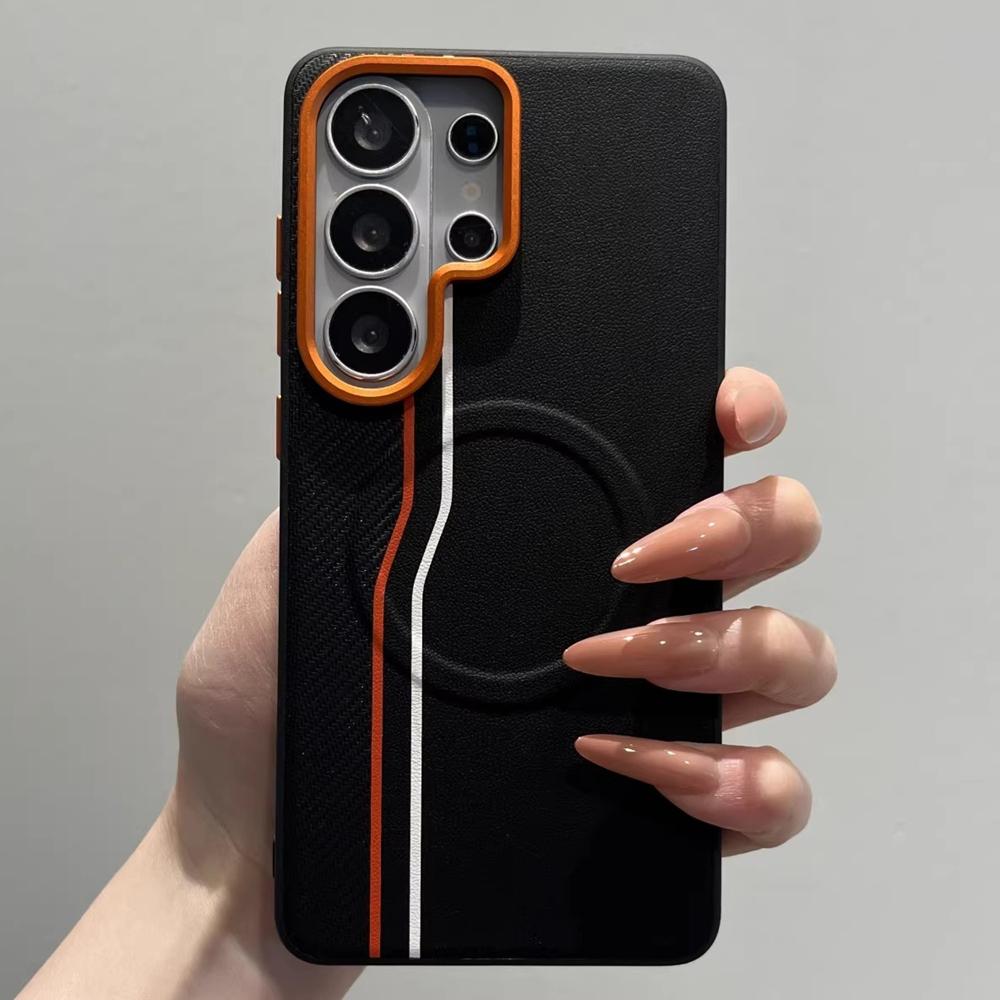 Luxury Color-block Dual-Line for Magsafe Phone Case for Samsung Galaxy S26 Ultra S25 Edge S24 Ultra Plus Orange Lens Frame Cover