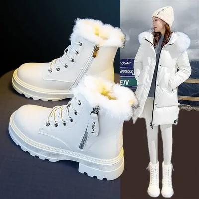 Bottes de Neige Peluche Chaud Bottes Mi-Mollet Femme Noir et Blanc Hiver Épaissi Chaud Neige Chaussures Plates Mujer