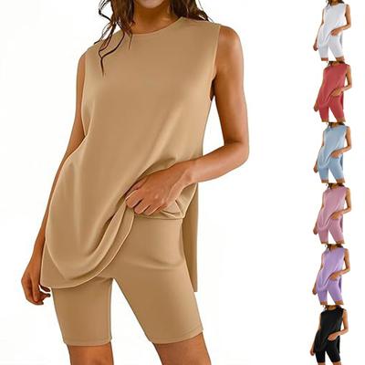 Women's Fashion Casual Round Neck Sports Sleeveless Waist Slit Top Shorts Set