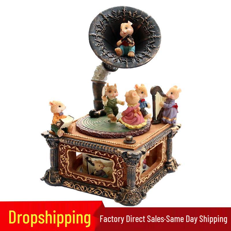 

Vintage Trumpet Gramophone Music Box - Santa Mouse Decor & Gift for Women Song: Sleep Baby - No Light