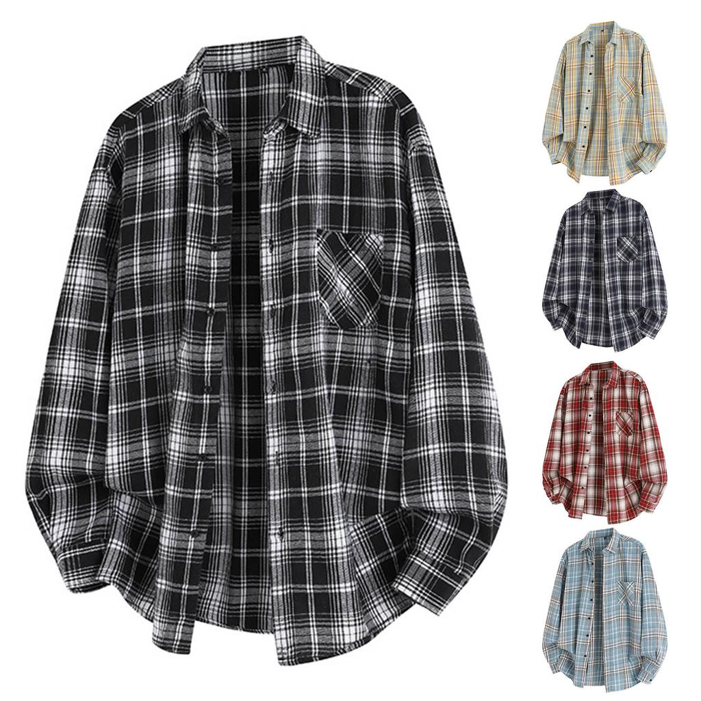 Men's Retro Plaid Single-Breasted Loose Casual Lapel Long Sleeved Jacket