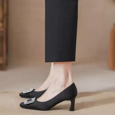 Autumn New Thick Heel Rhinestone Shallow Mouth Square Head High Heel Women's Single Shoes Fashion Square Buckle High Heels Women's