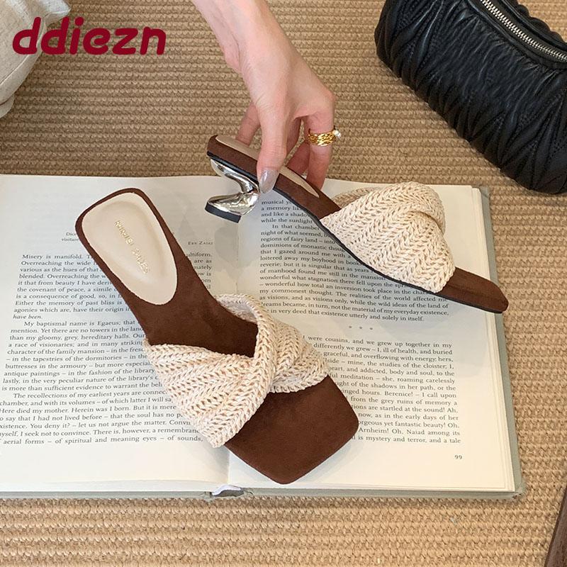 Fashion Fashion Strange Heels Women Sandals Slides Shoes 2025 New Female Shallow Footwear Square Toe Ladies Heeled Sandals Shoes