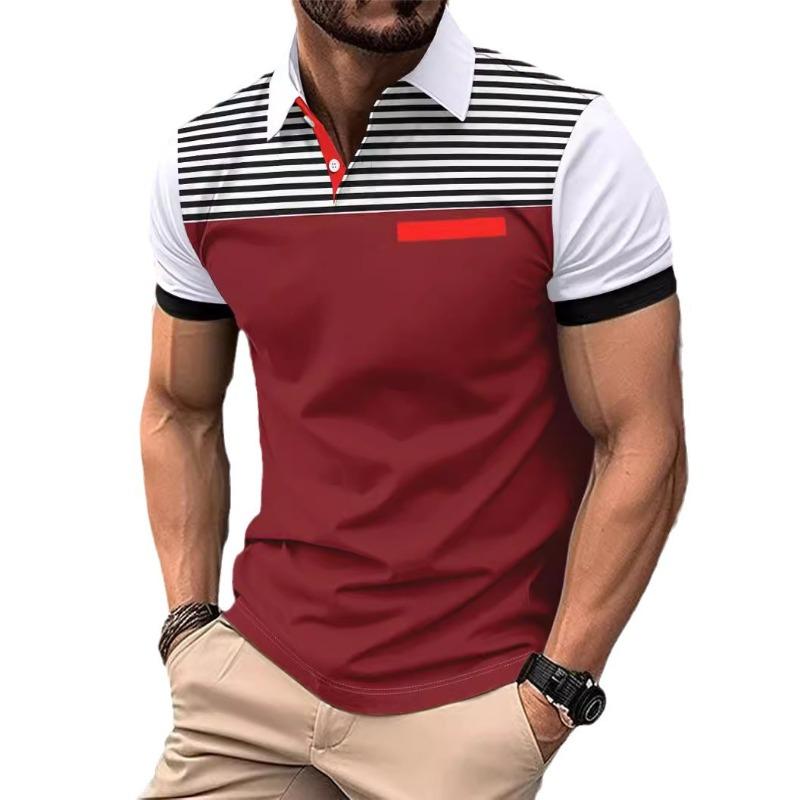 Men’s summer casual printed striped short-sleeved polo shirt with faux pockets and a lapel