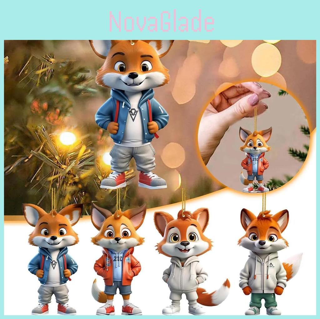 Adorable Cartoon Fox Acrylic Flat Christmas Tree Ornament For Car Interior Decoration