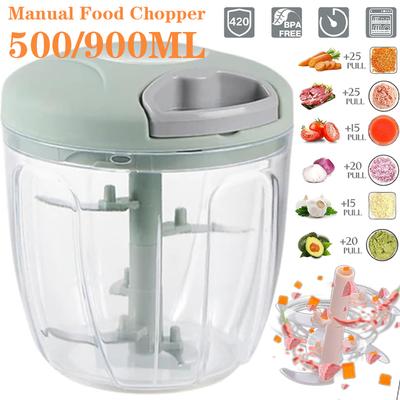 Garlic Chopper Manual Meat Mincer Garlic Tool Crusher Vegetable Onion Tool Kitchen Food Chopper Meat Chopper 500/900Ml Portable