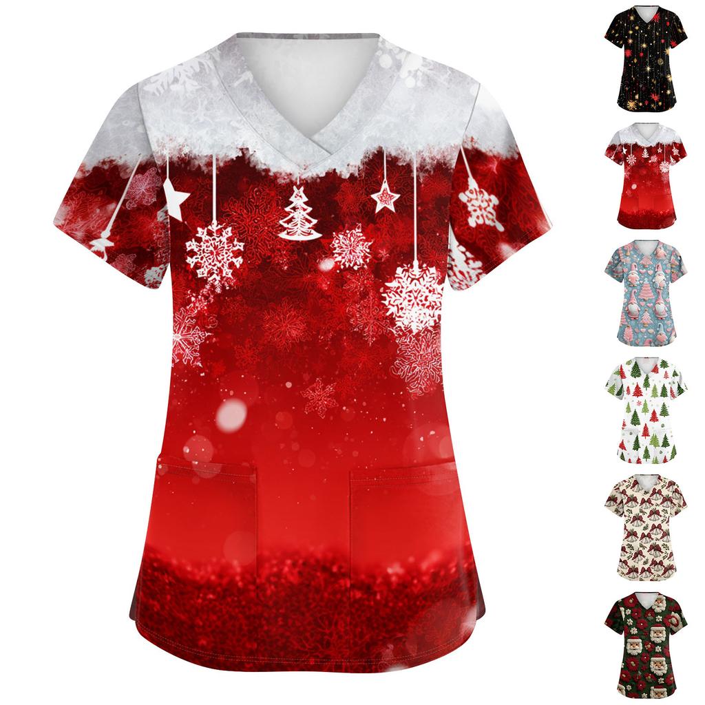 Women's Fashion Christmas Print V-Neck Short Sleeve Caregiver Work Top with Pockets