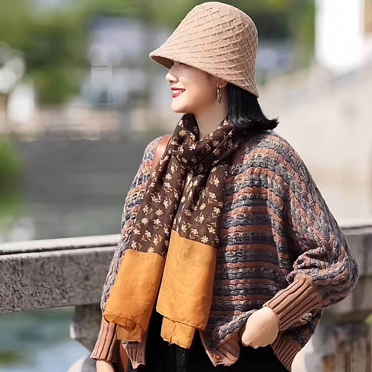 Large version of versatile floral scarf ethnic style retro literary silk scarf summer travel sunscreen shawl with long women
