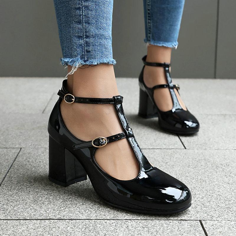 New Mary Jane Shoes High Quality Leather Shoes Shallow Round Toe Womens Chunky Heels Buckle Strap Women's Pumps Plus Size 43