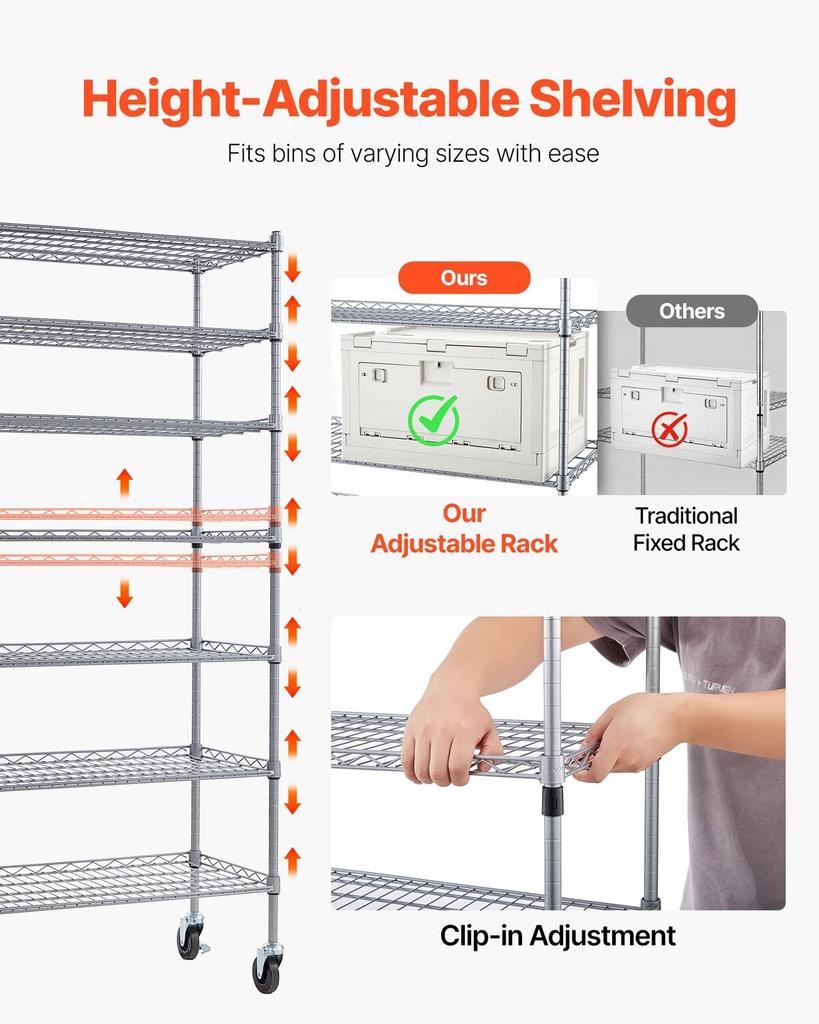 7-Tier Rolling Bin Storage Rack, 24 Organizer Bins, Bin Rack Storage Steel Wire Shelving System with Wheels, Mobile Tool Organizer for Garage,