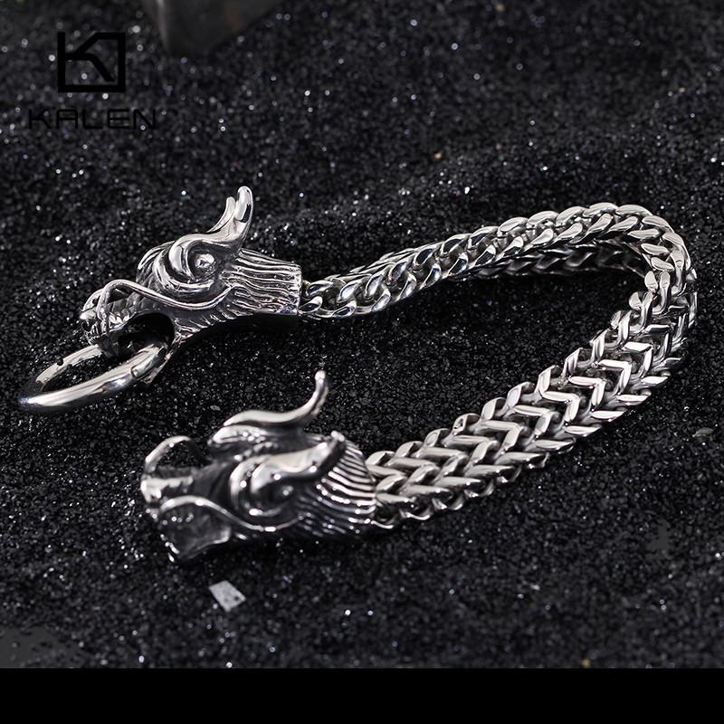 Chinese Dragon Head Charm Bracelets for Men Gold Color 316 Stainless Steel Jewelry High Polished Curb Chain Bracelet