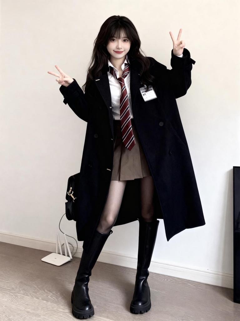 Women's Black College Style Trench Coat - Spring/Autumn 2025 Petite Mid-Length JK Uniform