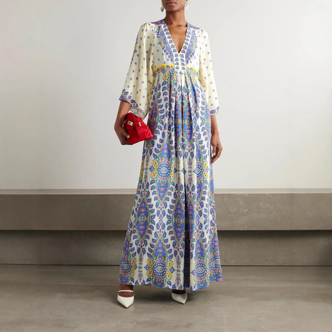 

2025 новое летнее свободное большого размера позиционирующее цифровая печать V-образный вырез длинное платье XL