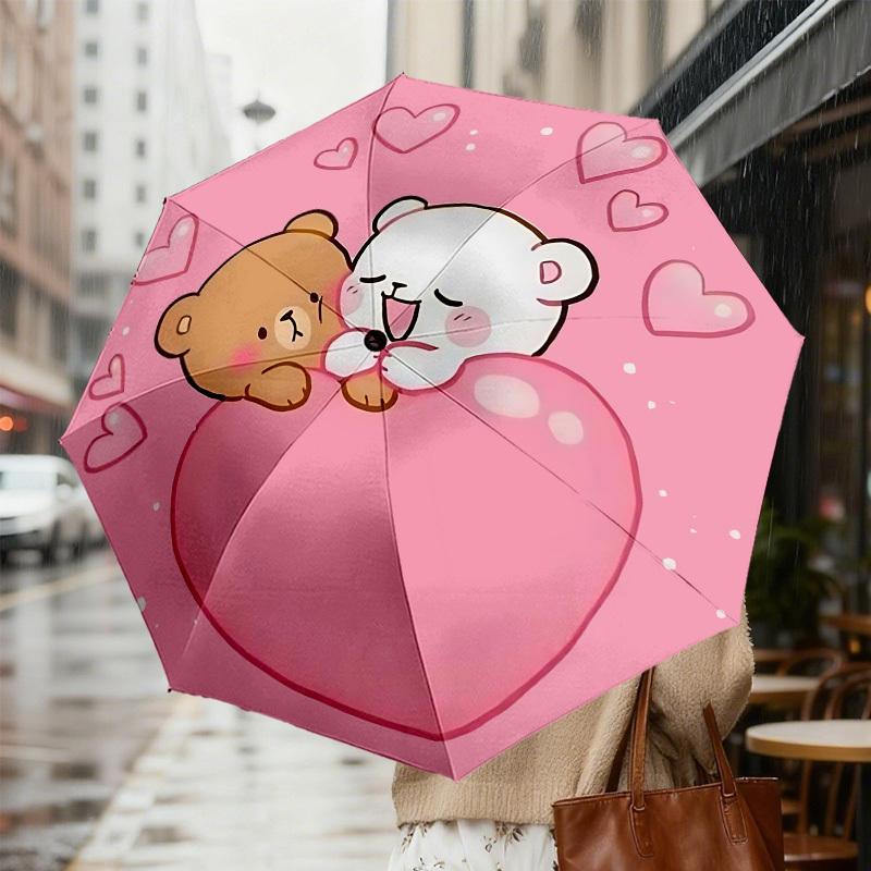 1pc Bear Heart Automatic Folding Umbrella 8 Rib Iron Frame, Compact Portable Umbrella Suitable for Travel, Daily Use, Birthday, Women & Men Gift 058