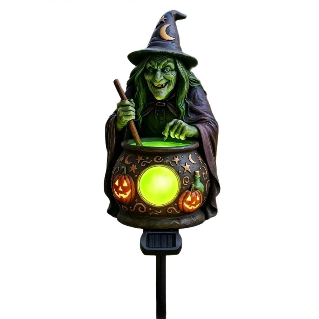 Halloween Yard Solar Stake Light Witch Cauldron Pumpkin Resin Garden Lantern Dusk to Dawn Auto On Off Path Decor