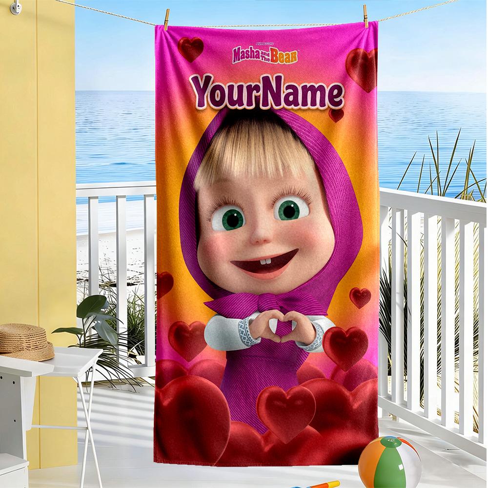 Masha Bear Customize Text Beach Towel Quick-Dry Soft Microfiber Ideal for Travel Outdoor Swim Pool Yoga Surf Camping Hiking Gym Gift Holiday