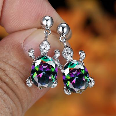 1 Pair Multicolor Oval Cut Gradient Rainbow Stone Turtle Stud Earrings for Women Fashion Jewelry Multicolor Animal Drop Earrings