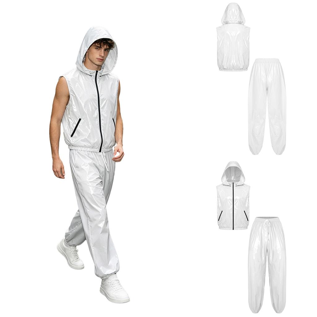 Men Waterproof Sports Tracksuit Front Zipper Sleeveless Vest with Detachable Hood and Jogging Pants for Workout Cycling Running Gym