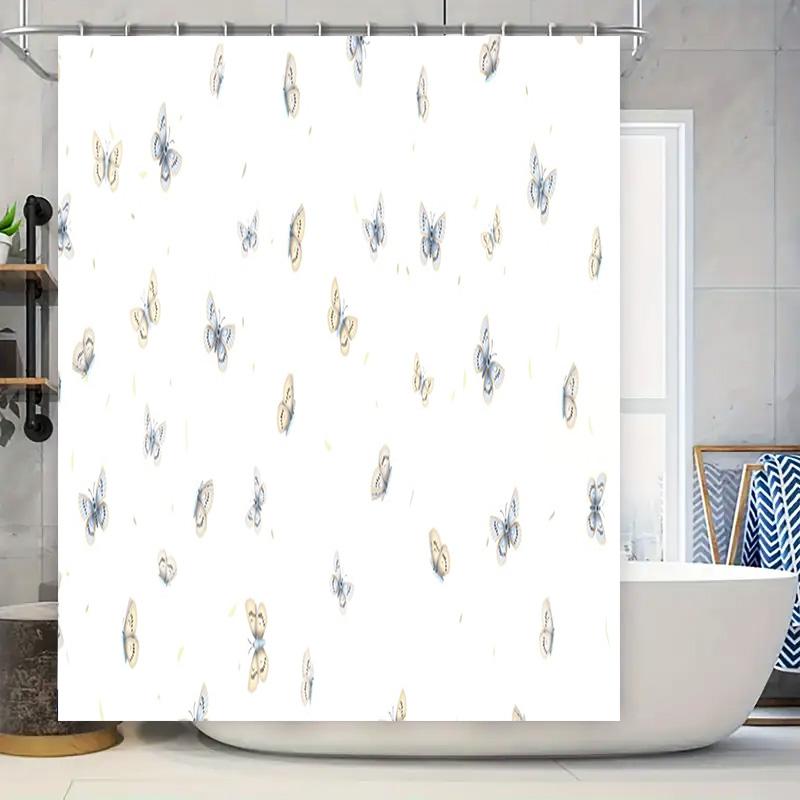 

White Bath Shower Curtain Waterproof Decor With Butterfly Print For Bathroom Home Decoration W60H190(CM)-1 Pcs