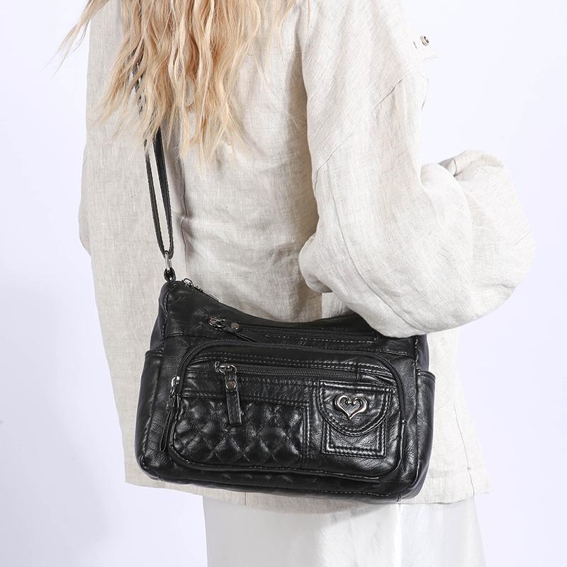 Geantă Moale din Piele cu Straturi Multiple Geantă de Umăr Crossbody pentru Femei Geantă pentru Mamă Geantă pentru Femei de Vârstă Mijlocie