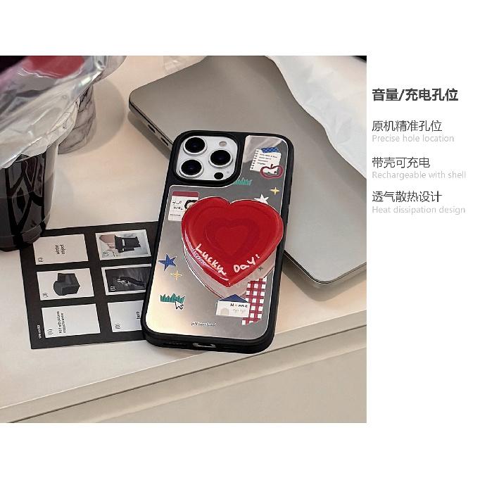 Korean-style Cartoon Case Suitable for iPhone 16, 17 Pro Max, iPhone 14, Mirror Finish, 13, Heart-shaped Stand, 15