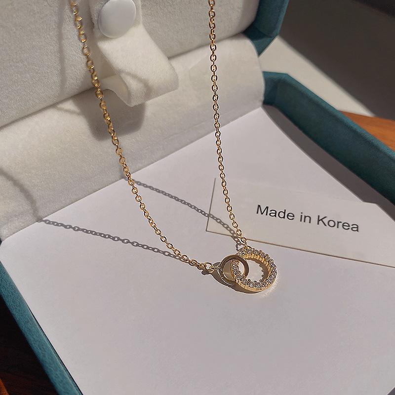 1 Pcs Geometric Titanium Steel Necklace with Rhinestone Double Rings Clavicle Chain Gift Women's Girls' Elegant Accessories