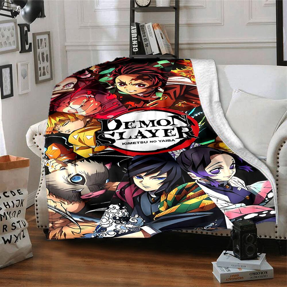 1pc Demon Slayer Flannel Throw Blanket HD Printed Lightweight Soft Warm All Season Blanket for Sofa, Bed, Travel, Camping Machine Washable