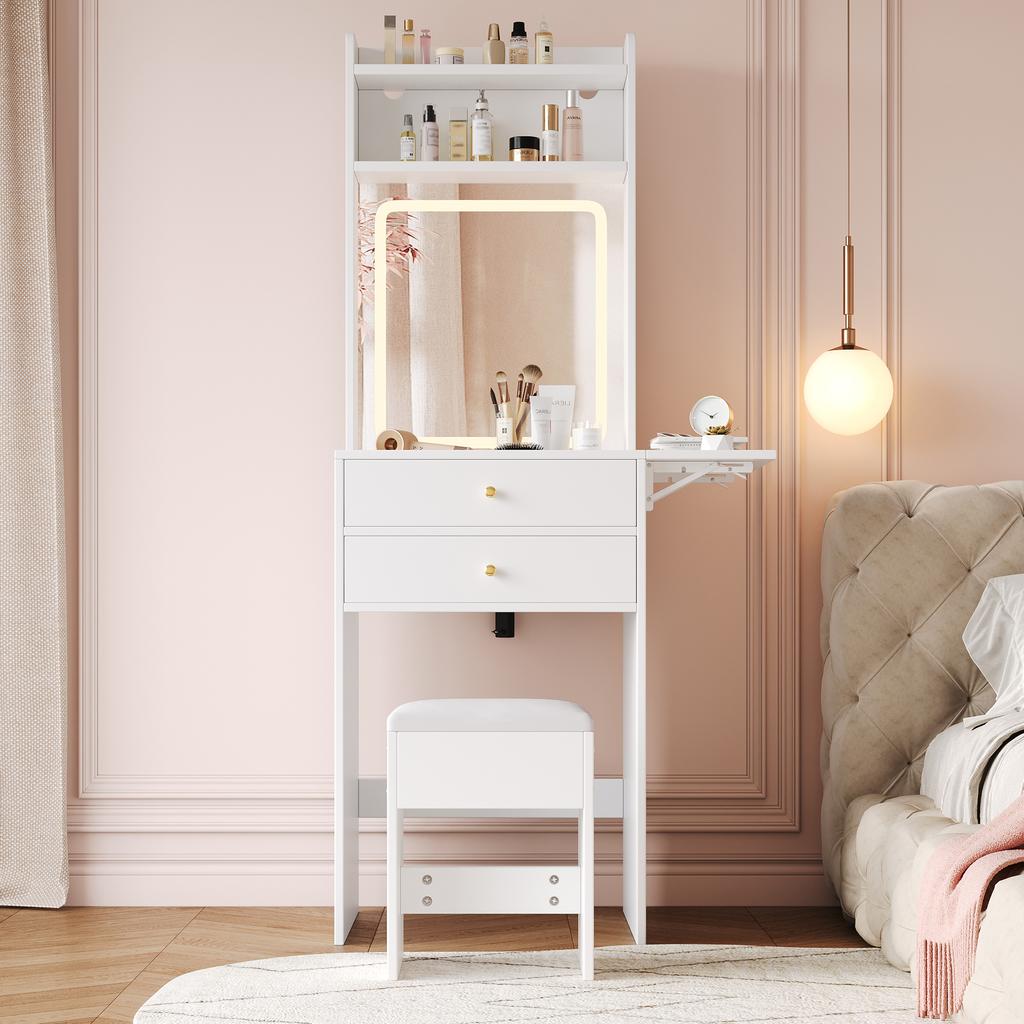 Small vanity table with adjustable LED lighting, incl. 1 stool, 2 drawers, two open compartments with 25cm foldable table top, White, 75x156x45 cm