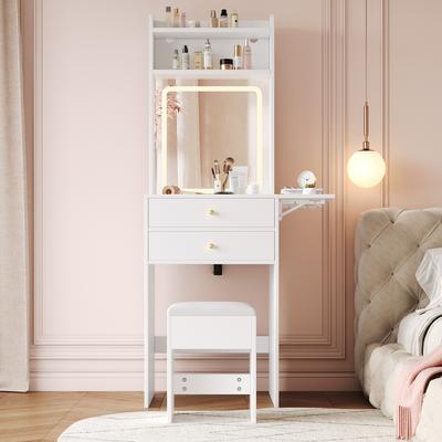 Kleiner Schminktisch mit verstellbarer LED-Beleuchtung, inkl.. 1 Hocker, 2 Schubladen, zwei offene Fächer mit 25 cm klappbarer Tischplatte, Weiß, 75x156x45 cm
