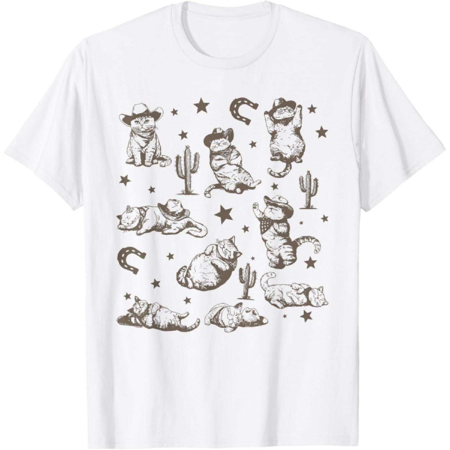Cowboy Cats Retro Y2k Western Cats Funny Ranch Cat T-Shirt S