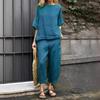 Women's Set Cotton and Linen Spring and Summer Solid Color Casual Mid-sleeve Round Neck Tops and Trousers 2-piece Set Clothes Sale